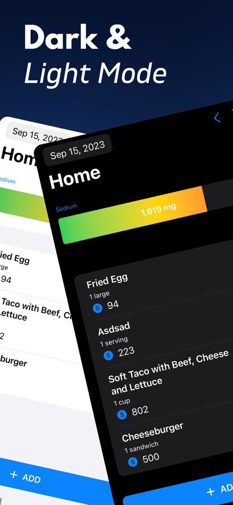 Sodium Tracker app interface displaying both dark and light modes with a daily sodium intake log and progress bar