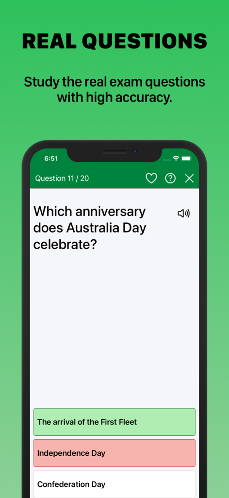 Screenshot dell'app di test di cittadinanza australiana che mostra una domanda di pratica sul Giorno dell'Australia con risposte a scelta multipla