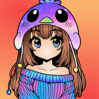 anime girl with chick shaped hat with sweater with bare shoulders with bangs covering them one eye with low tail