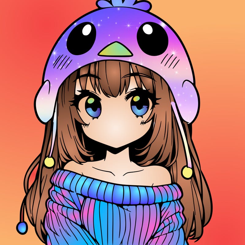 anime girl with chick shaped hat with sweater with bare shoulders with bangs covering them one eye with low tail
