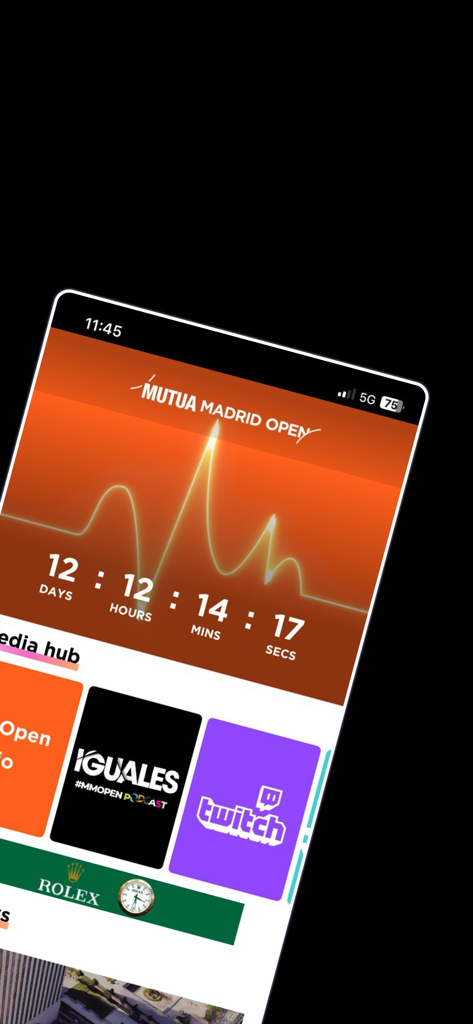 Mutua Madrid Open - Mutua Madrid Open app screen showing a tournament countdown timer and media hub links for podcasts and Twitch
