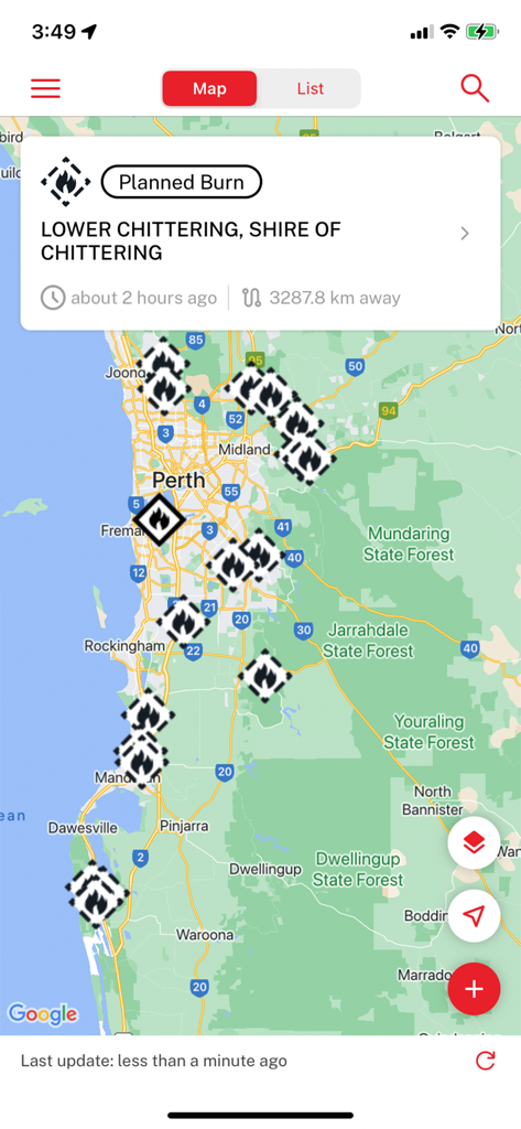 Fires Near Me Australia - Map view of the Fires Near Me Australia app showing real-time fire incident icons and planned burn notifications around Perth