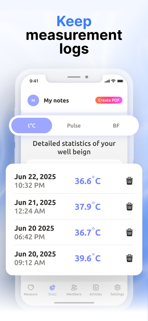 Mobile app interface showing a list of recorded body temperature readings with dates and timestamps
