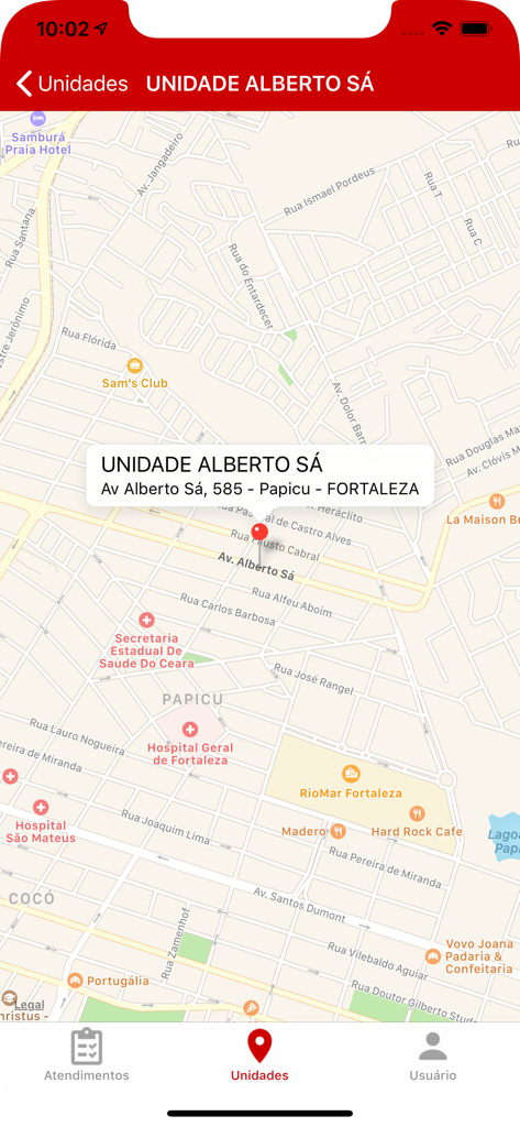 Laboratório Clementino Fraga - Tela de mapa no aplicativo Laboratorio Clementino Fraga mostrando a localização da unidade Alberto Sa em Fortaleza