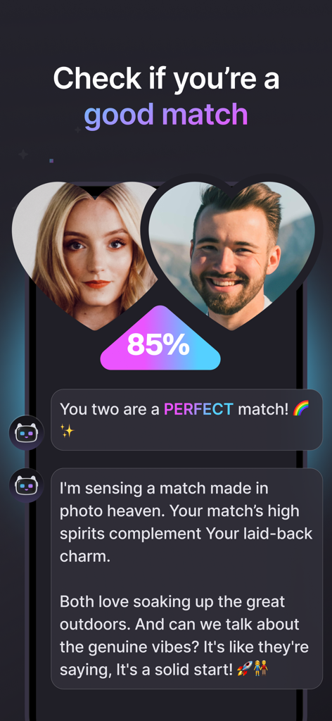 A screenshot of Rizz Mentor AI showing a compatibility check score of 85 percent between two users