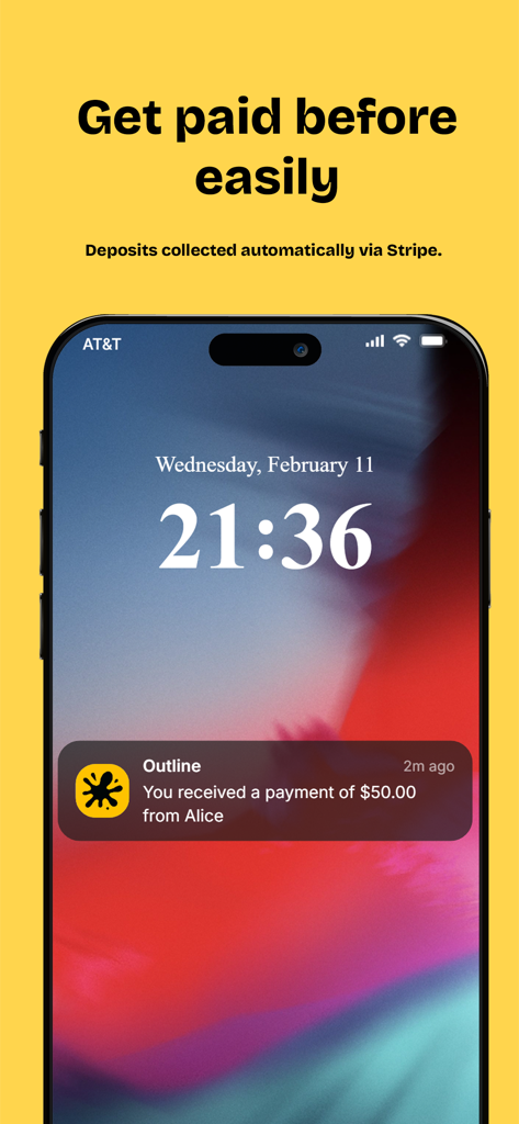 Outline - Tattoo Booking App - An iPhone lock screen showing a notification for a tattoo deposit payment received through the Outline app.
