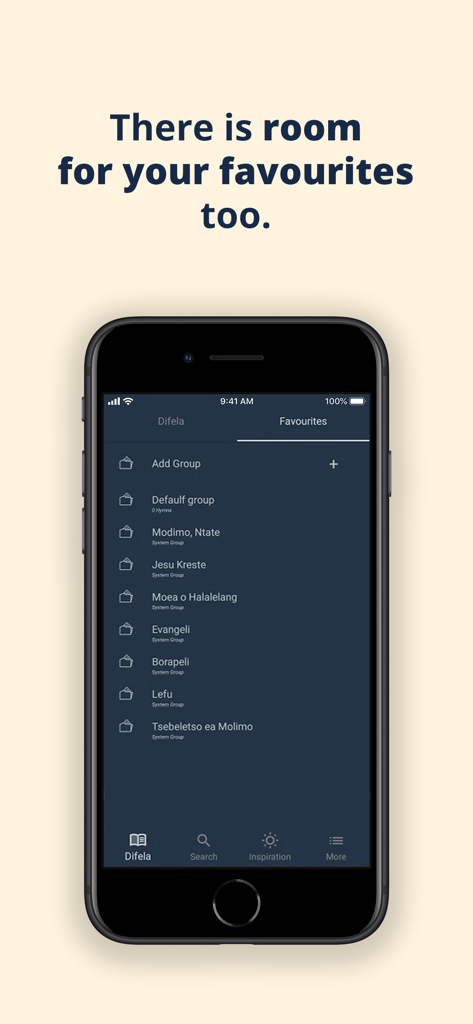 The favorites screen of the Difela Tsa Sione hymn app displaying various hymn categories.