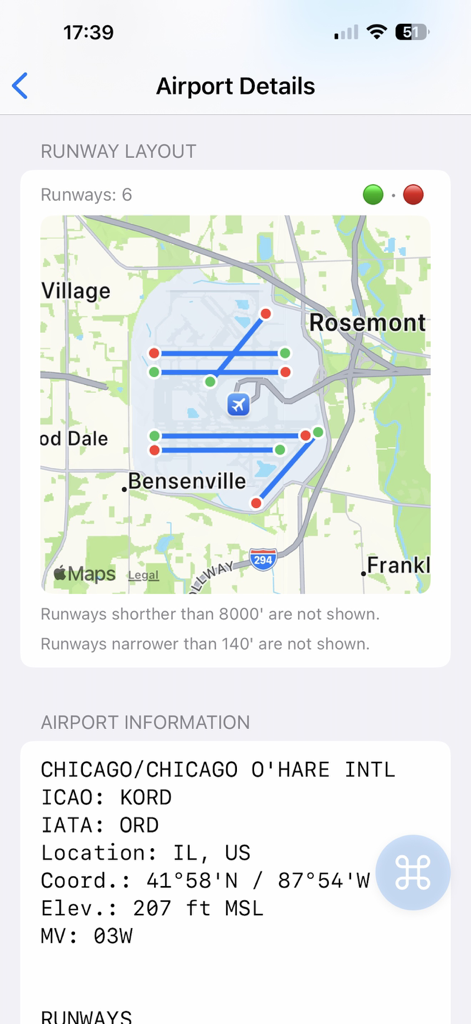 FlightMate – Pilot Tools - FlightMate app screen showing airport information and runway layout for Chicago OHare International