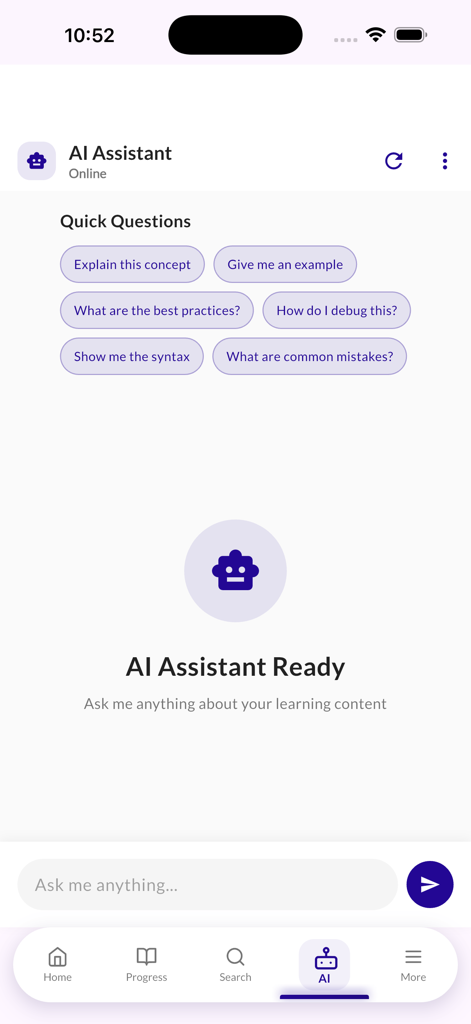 Learn Pandas - Python Data - AI Assistant interface in the Learn Pandas app showing quick question suggestions and chat input for Python learning.