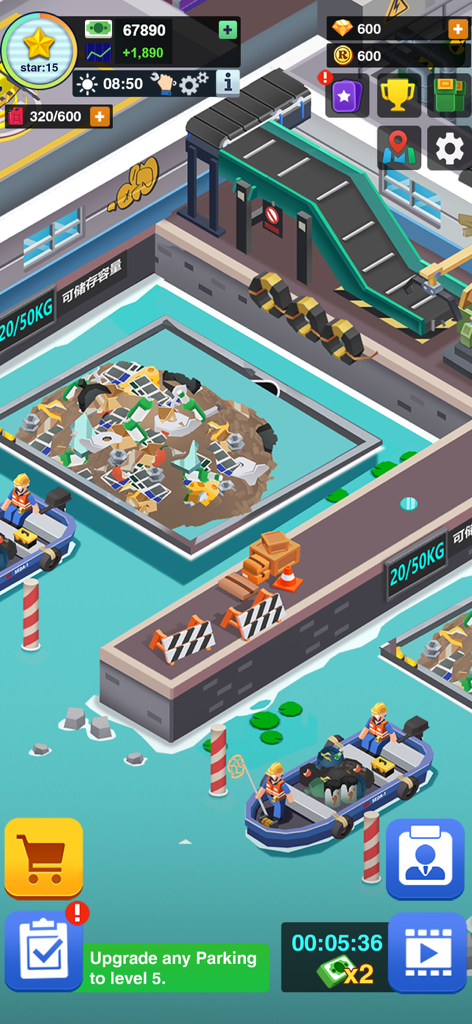 Garbage Tycoon - Idle Game - Captura de pantalla del juego Garbage Tycoon que muestra una fábrica de reciclaje con trabajadores recogiendo residuos del agua.