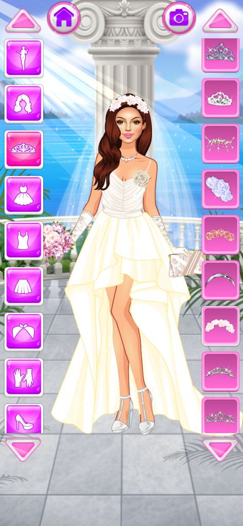 Una avatar de chica vestida con un vestido de novia blanco y corona de flores en un juego de moda junto al mar