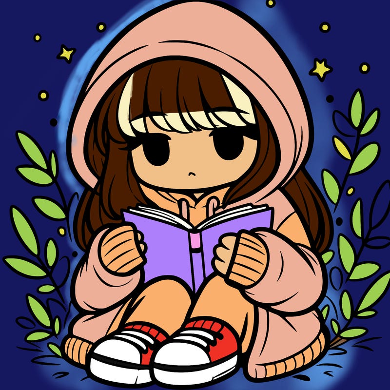 girl in oversized hoodie reading a book