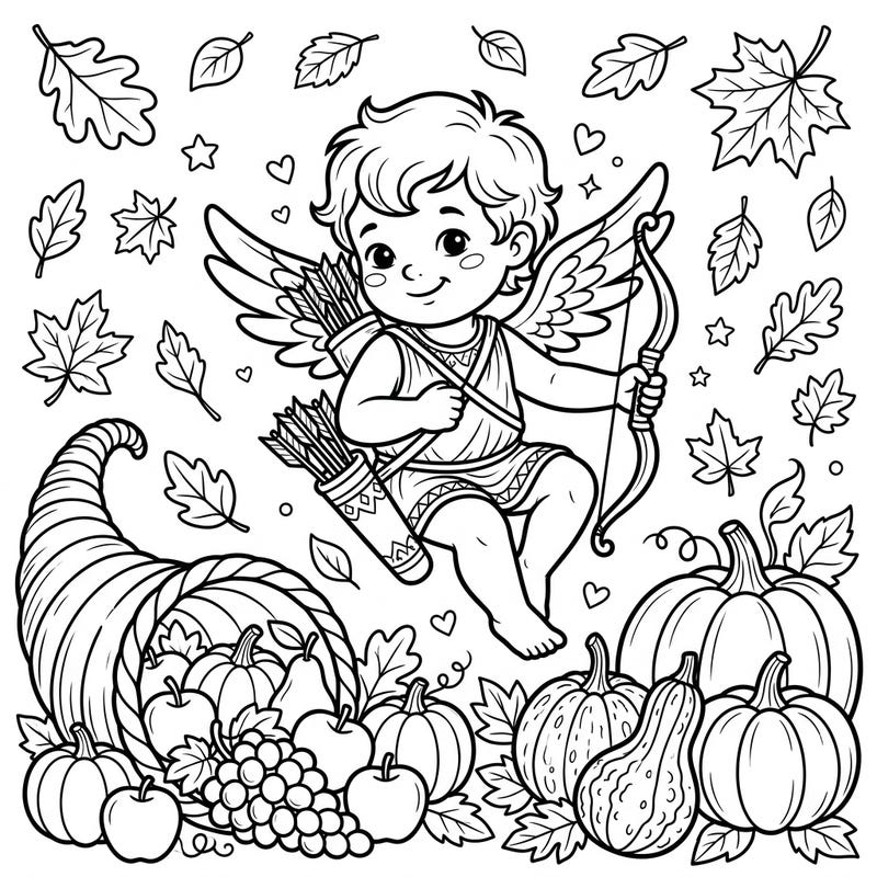 Discover a delightful fusion of affection and autumn abundance with our Cupid Thanksgiving coloring page. This charming illustration brings together the playful spirit of Cupid with the rich bounty of the harvest season, offering a truly unique coloring experience.