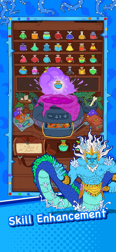 Dicey Elementalist - Skill enhancement screen showing a purple cauldron and shelves of magic potion bottles with a blue dragon character