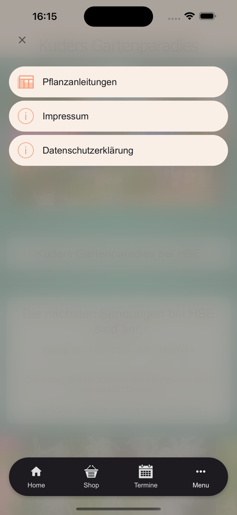 Kuders Gartenparadies App-Menü mit Optionen für Pflanzanleitungen und rechtliche Informationen