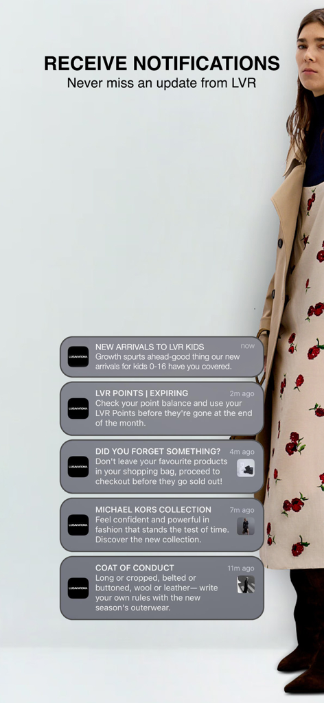 Une collection de notifications push de l'application LUISAVIAROMA affichant des mises à jour sur les nouvelles collections, les points de fidélité et les rappels de panier.