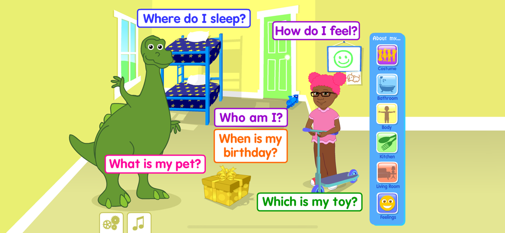 Interactive screen from the Starfall All About Me app featuring a dinosaur and a child character with educational identity questions
