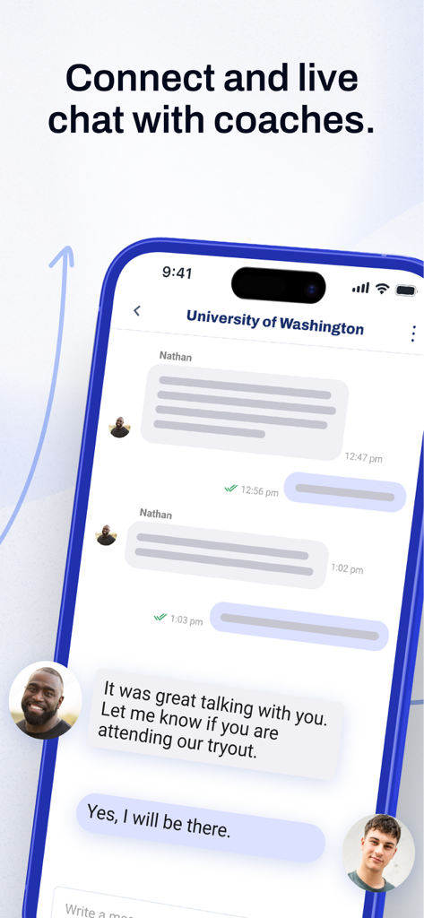 ASM Sports - ASM Sports mobile app interface showing a live chat between a student athlete and a college coach