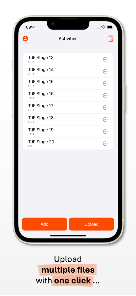 Activity Uploader - iPhone screen showing the Activity Uploader app interface with a list of fitness files selected for batch upload