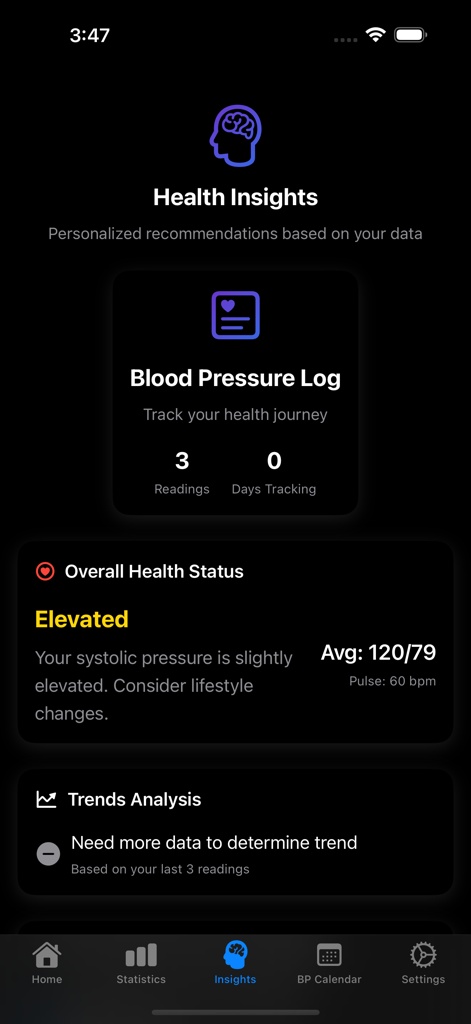 Daily Blood Pressure Log - 血圧記録アプリの健康インサイト画面。高血圧の警告と平均測定値が表示されています。