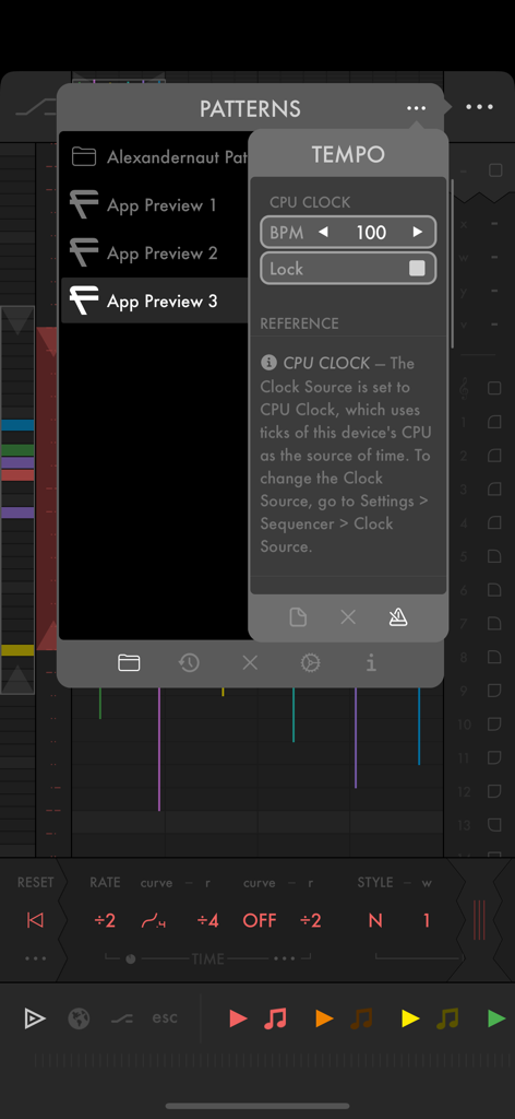 Fugue Machine Rubato - Fugue Machine Rubato interface showing a patterns list and tempo settings popover
