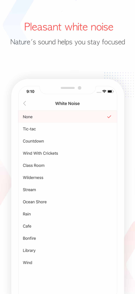 Focus To-Do: Focus Timer&Tasks - Focus To-Do App-Bildschirm mit einer Liste von Umgebungsgeräuschen und Naturgeräuschen wie Regen und Café zur besseren Konzentration.