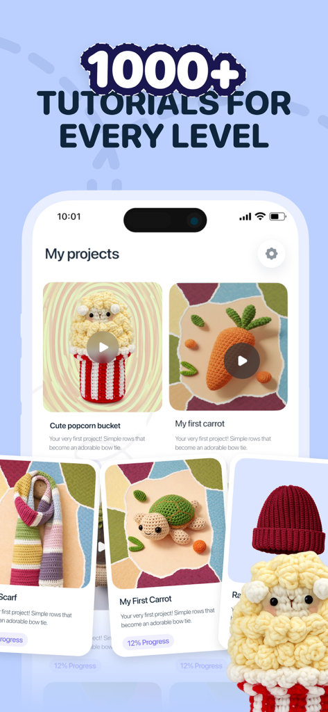 CraftBook: Crochet Made Easy - Pantalla de la aplicación CraftBook mostrando tutoriales de proyectos de crochet, incluyendo un cubo de palomitas de maíz y una zanahoria con seguimiento del progreso.