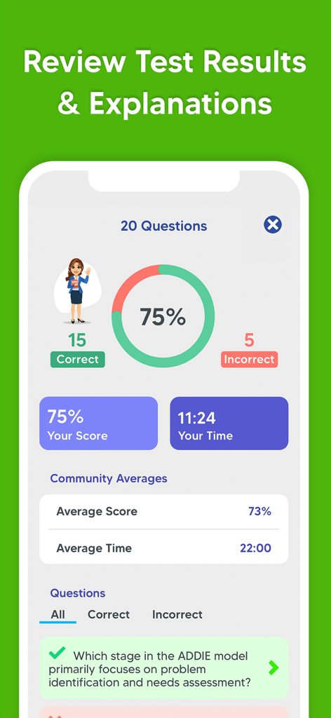 SHRM Exam Prep: HR Test 2024 - 75％のスコア、完了時間、コミュニティベンチマークを示すSHRMテスト結果を表示するモバイルアプリ画面。