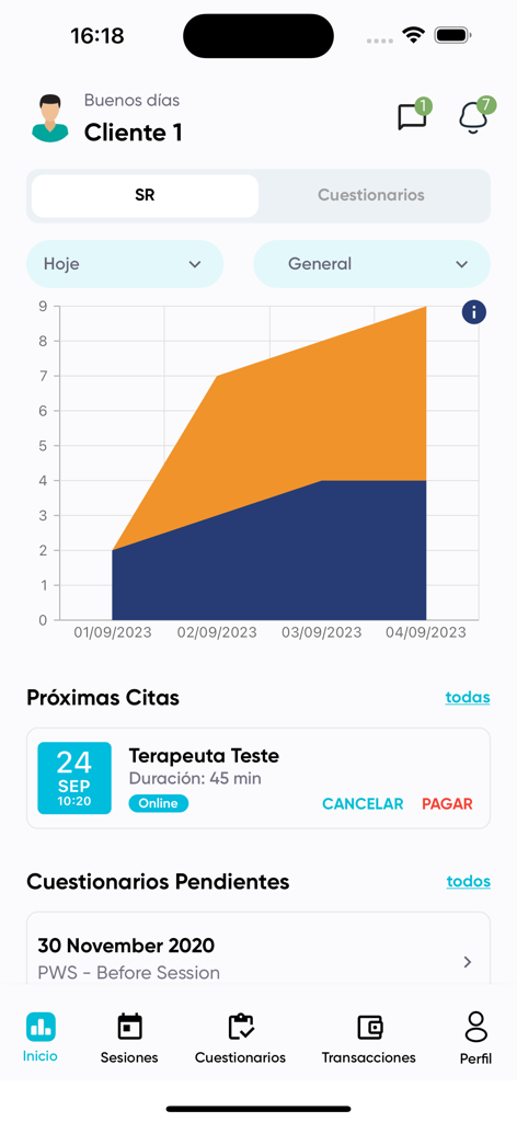 The home screen of the Tartamudez Center app showing a progress chart and scheduled therapy sessions