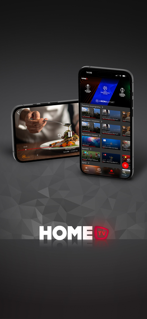 Interfaz de la aplicación móvil HOME.TV TO GO mostrando deportes en vivo y entretenimiento en dos smartphones