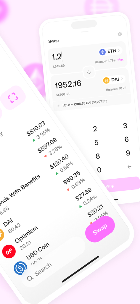 Uniswap: Crypto & NFT Wallet - A interface do aplicativo móvel Uniswap exibindo troca de tokens de criptomoedas e uma lista de ativos em alta.