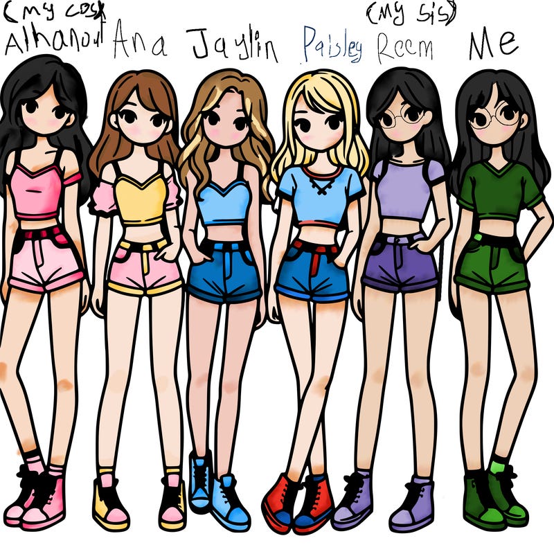 a group of girls wearing crop tops and shorts