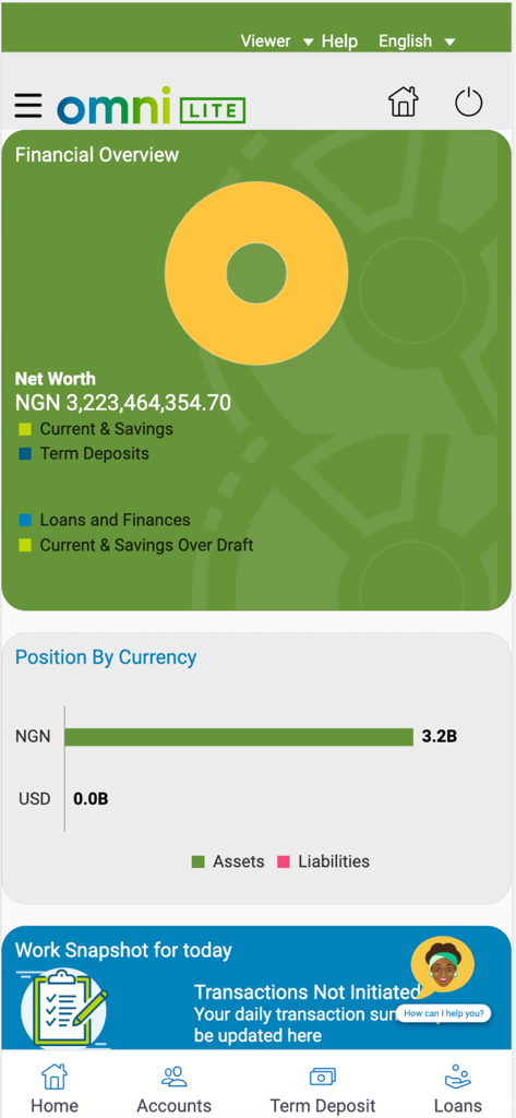 Ecobank Omni Lite - Tableau de bord financier de l'application mobile Ecobank Omni Lite affichant la valeur nette et les positions de devises