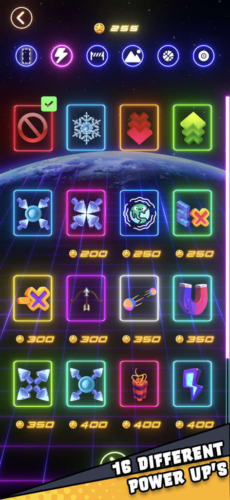 Air Hockey Glow HD Arcade 2D - A menu showing sixteen different neon power ups and upgrades in Air Hockey Glow HD