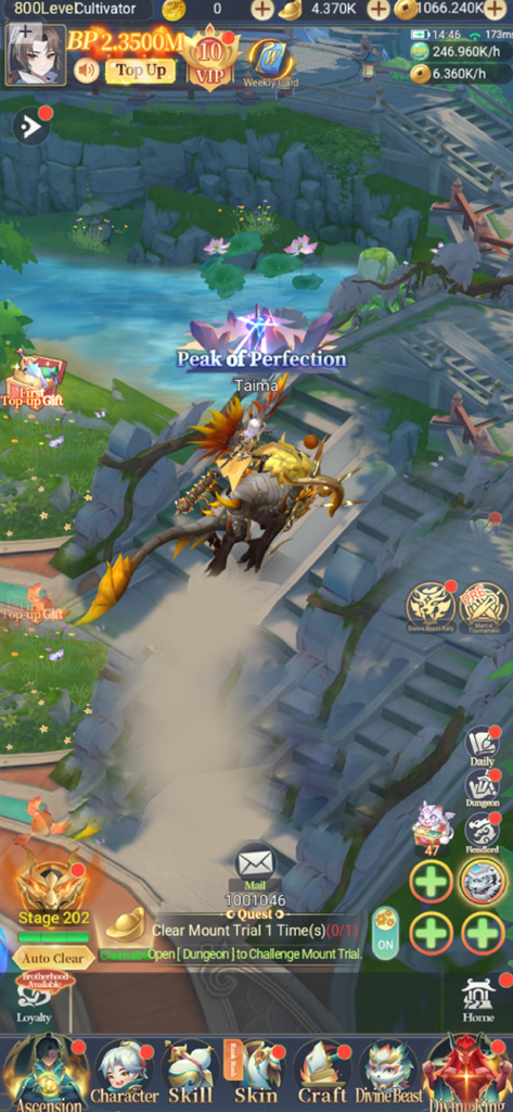 Beast's Creed - A character riding a golden mythic beast on a scenic stone path in the mobile game Beasts Creed