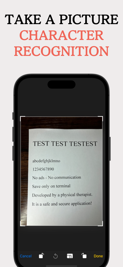 Photo Text Recognition - OCR - Interfaz de una aplicación OCR médica que muestra el reconocimiento de texto de documentos para uso seguro sin conexión