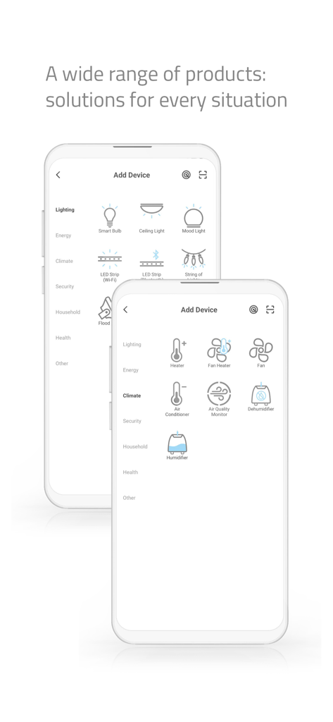 Nedis SmartLife - Interface of the Nedis SmartLife app displaying categories for adding new smart devices like lighting and climate control