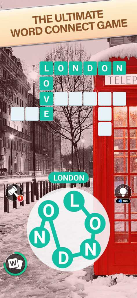 Word City: Connect Word Game - Word City Connect Game Gameplay-Screenshot, der ein Londoner Level mit einer roten Telefonzelle zeigt