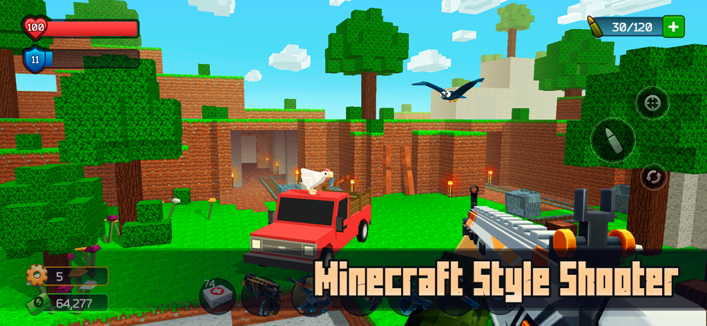 Pixel Combat: Zombie Games 3-D - A first-person shooter game with pixelated Minecraft-style graphics showing a red truck and a blocky environment