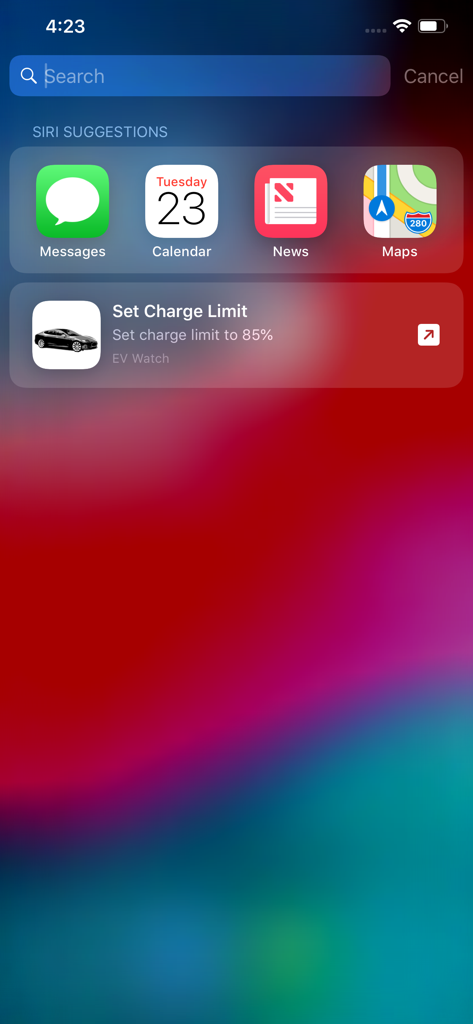 Siri Vorschläge zeigen EV Watch Shortcut zum Einstellen des Tesla-Ladegrenzwerts