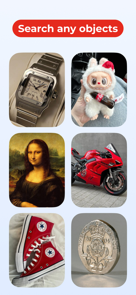 A grid displaying various objects including a watch, a painting, a motorcycle, and shoes that can be identified using the Lens Scan app.
