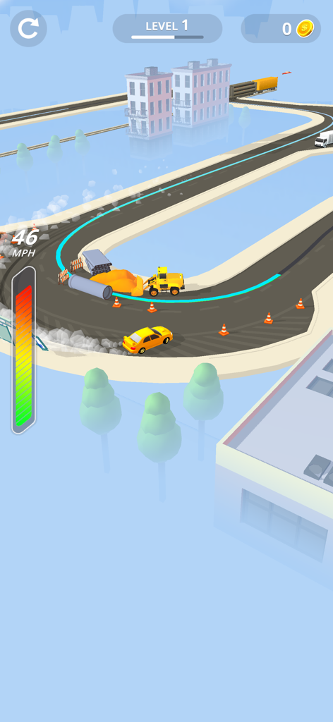 Gelbes Auto driftet auf einer Stadtstrecke mit Hindernissen in Line Race