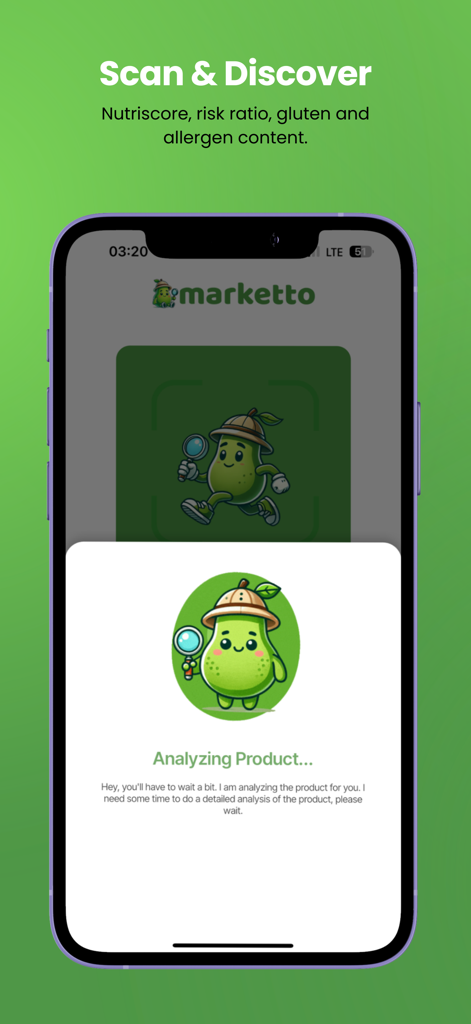 Marketto: Product Scanner - Marketto app interface displaying a product analysis in progress with a cute mascot character.