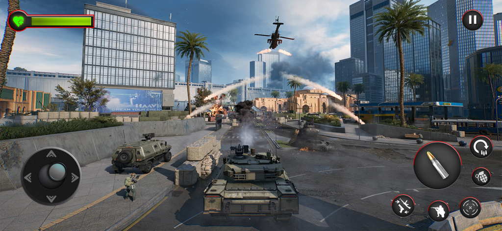 Call of Sniper -Delta Ops 2025 - Tank warfare and urban combat gameplay in Call of Sniper Delta Ops 2025 featuring armored vehicles and a helicopter.