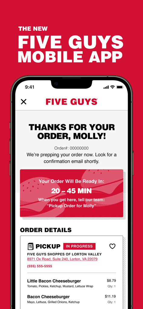 Pantalla de confirmación de pedido en la aplicación móvil de Five Guys que muestra la hora de recogida y los detalles de la hamburguesa