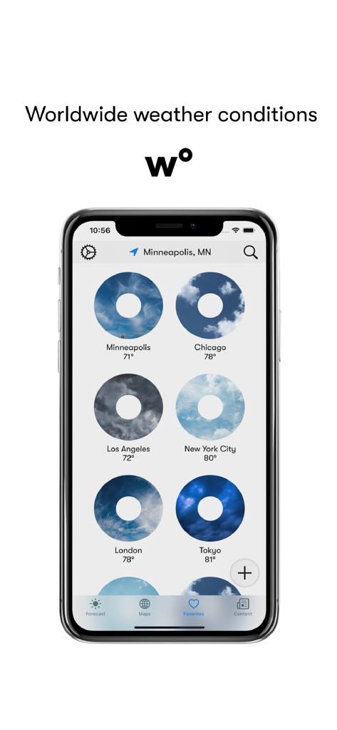 Weatherology: Weather Together - Screenshot of the Weatherology app showing current weather conditions and temperatures for multiple cities worldwide in a favorites list