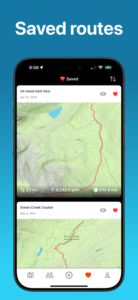 Peakery - Smartphone screen displaying the Peakery app with saved mountain hiking routes and topographical maps.