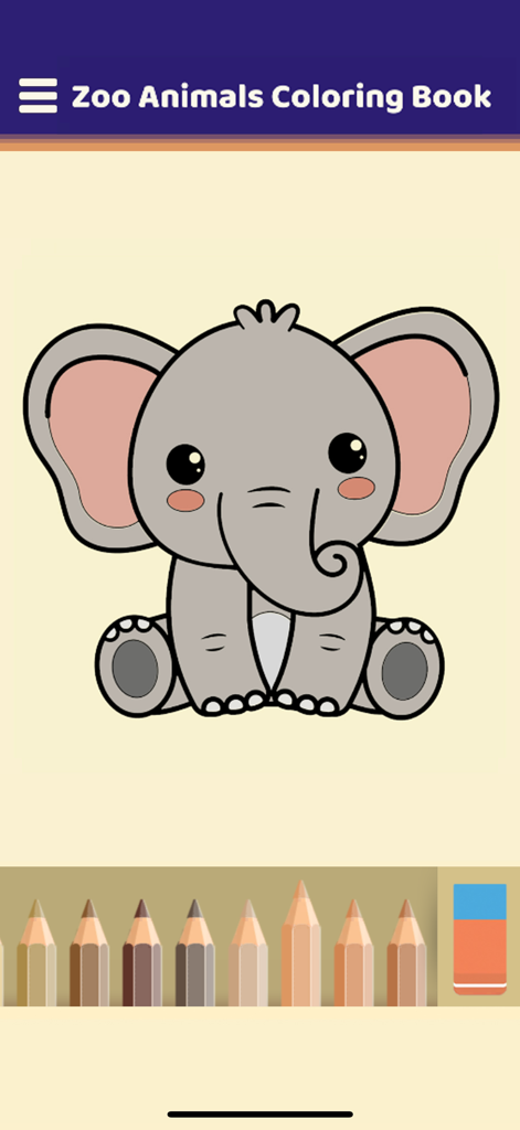 My Zoo Animals Coloring Book - A cute cartoon elephant coloring page with a row of colored pencils and an eraser tool