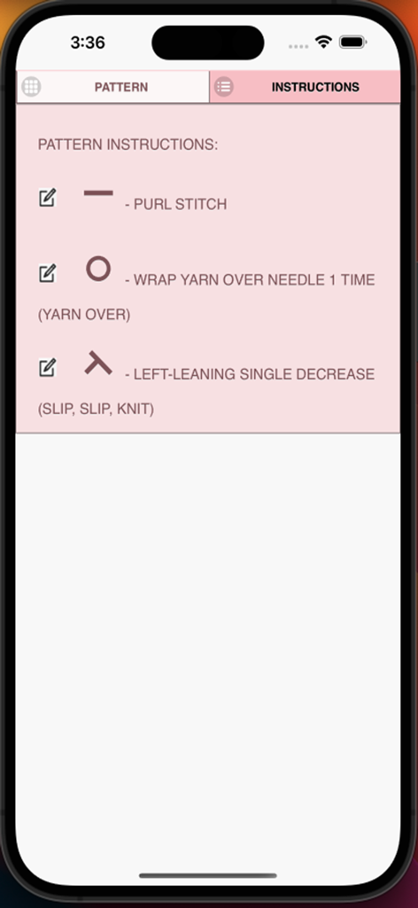 KnitPatternCreator - Screenshot of the KnitPatternCreator app showing a list of knitting stitch symbols and their corresponding instructions