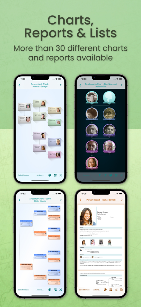 MobileFamilyTree 10 - Uma coleção de quatro telas de celular mostrando diferentes gráficos de ancestrais e relatórios familiares do aplicativo MobileFamilyTree 10